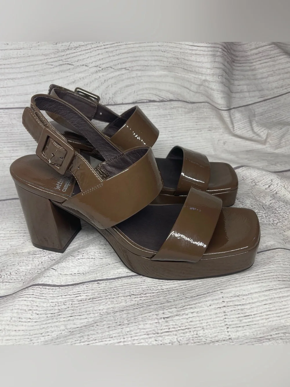 Jeffrey Campbell Women’s 9 Ammaly Brown Patent Leather Platform Slingback Sandal